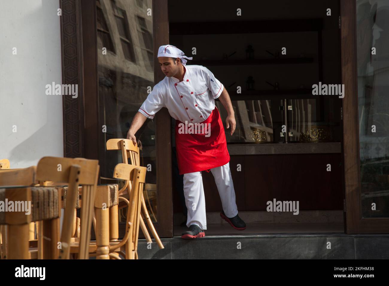 Doha, Qatar, December 18,2019 Restaurant workers in a traditional