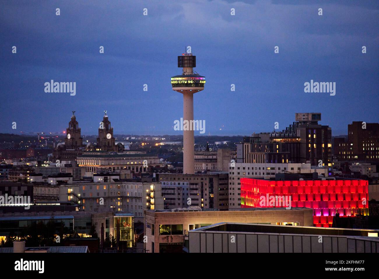 Liverpool skyline Liver building and Radio City, St Johns Beacon Viewing Gallery Stock Photo