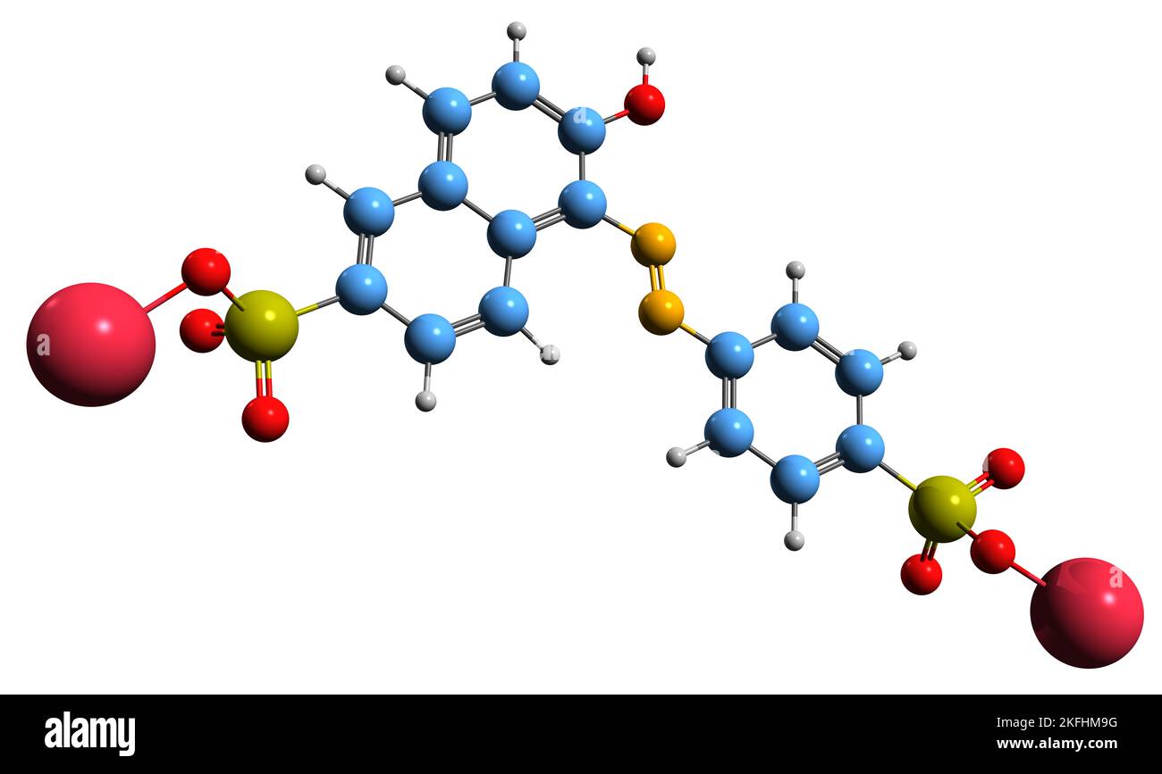 3D image of Sunset yellow FCF skeletal formula - molecular chemical structure of orange azo dye isolated on white background Stock Photo