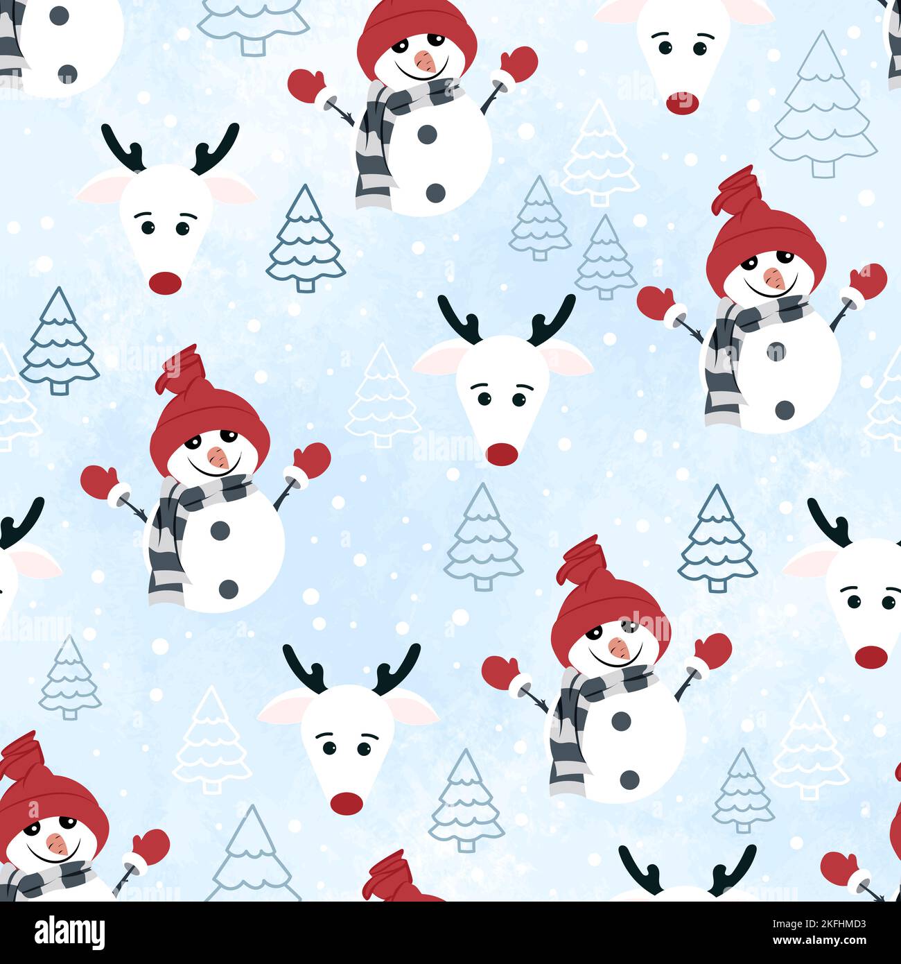 Funny snowmen in red hats and reindeer on a winter watercolor background. Christmas seamless pattern for wrapping paper and greeting cards. Stock Vector