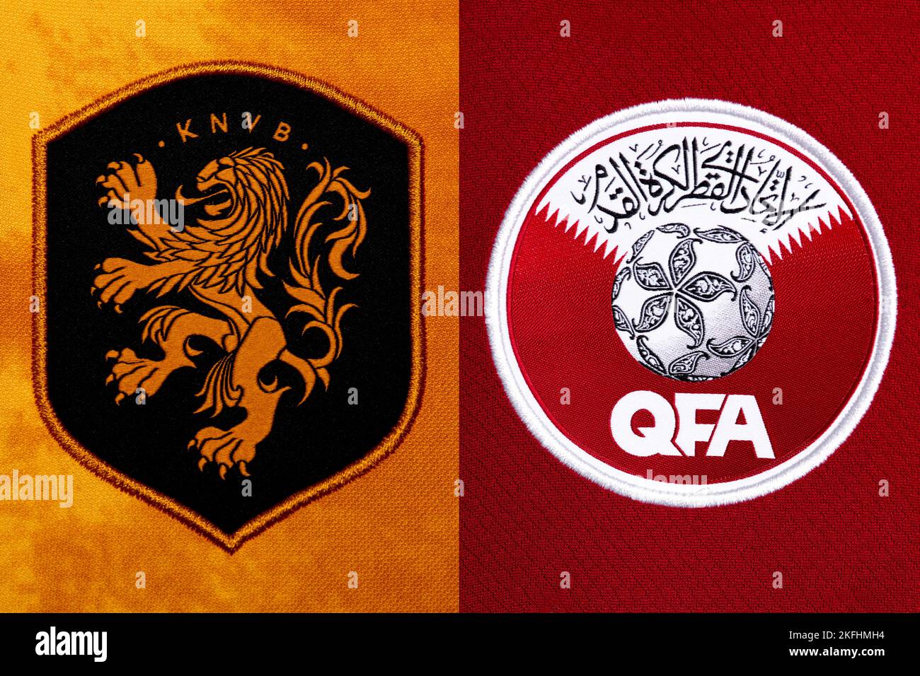 Close up of National Football team crest on home kit. FIFA World Cup Qatar 2022. Stock Photo