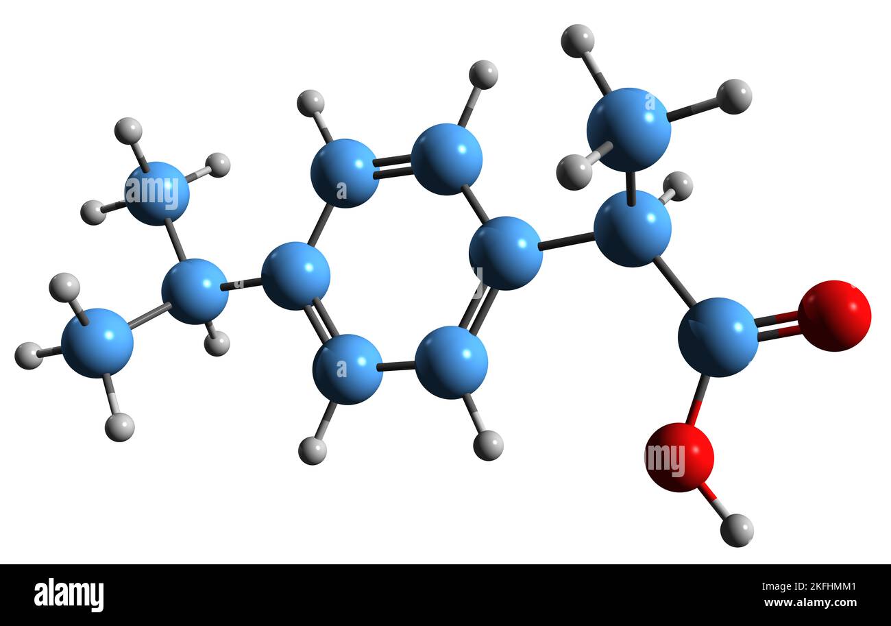 3D image of Ibuprofen skeletal formula - molecular chemical structure of nonsteroidal anti-inflammatory drug isolated on white background Stock Photo