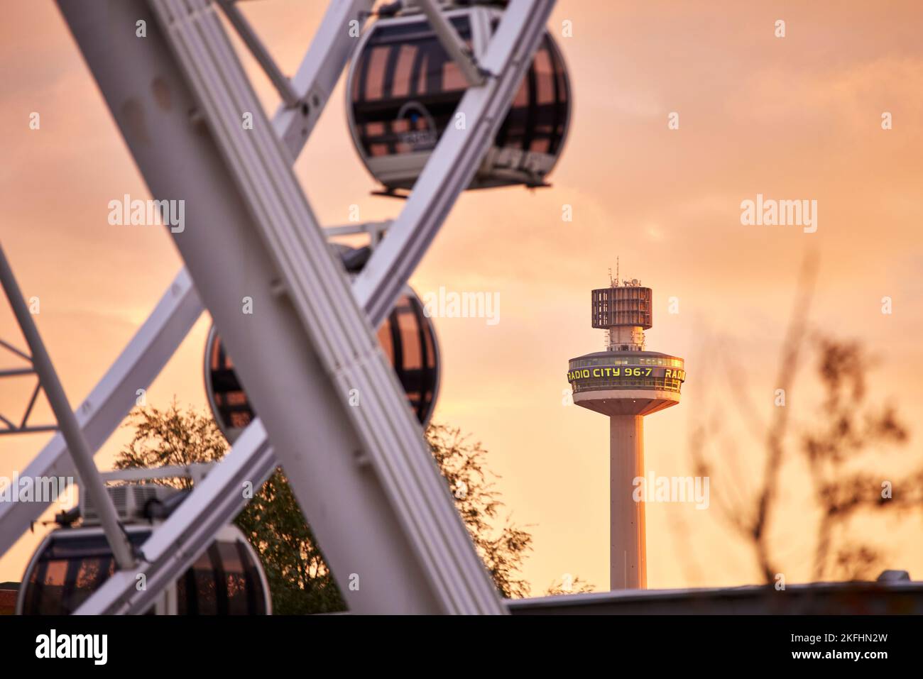 Liverpool Ferris wheel and St Johns Beacon Viewing Gallery Radio City Tower is a radio and observation tower Stock Photo