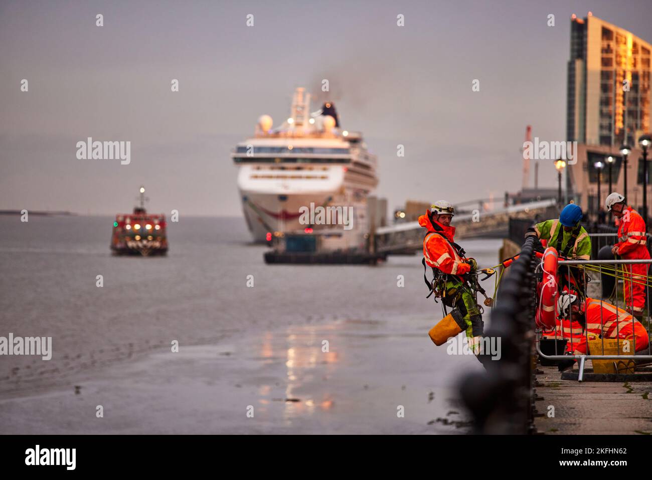 Liverpool cruises ship on the River mersey workers from Vertical access, Stock Photo