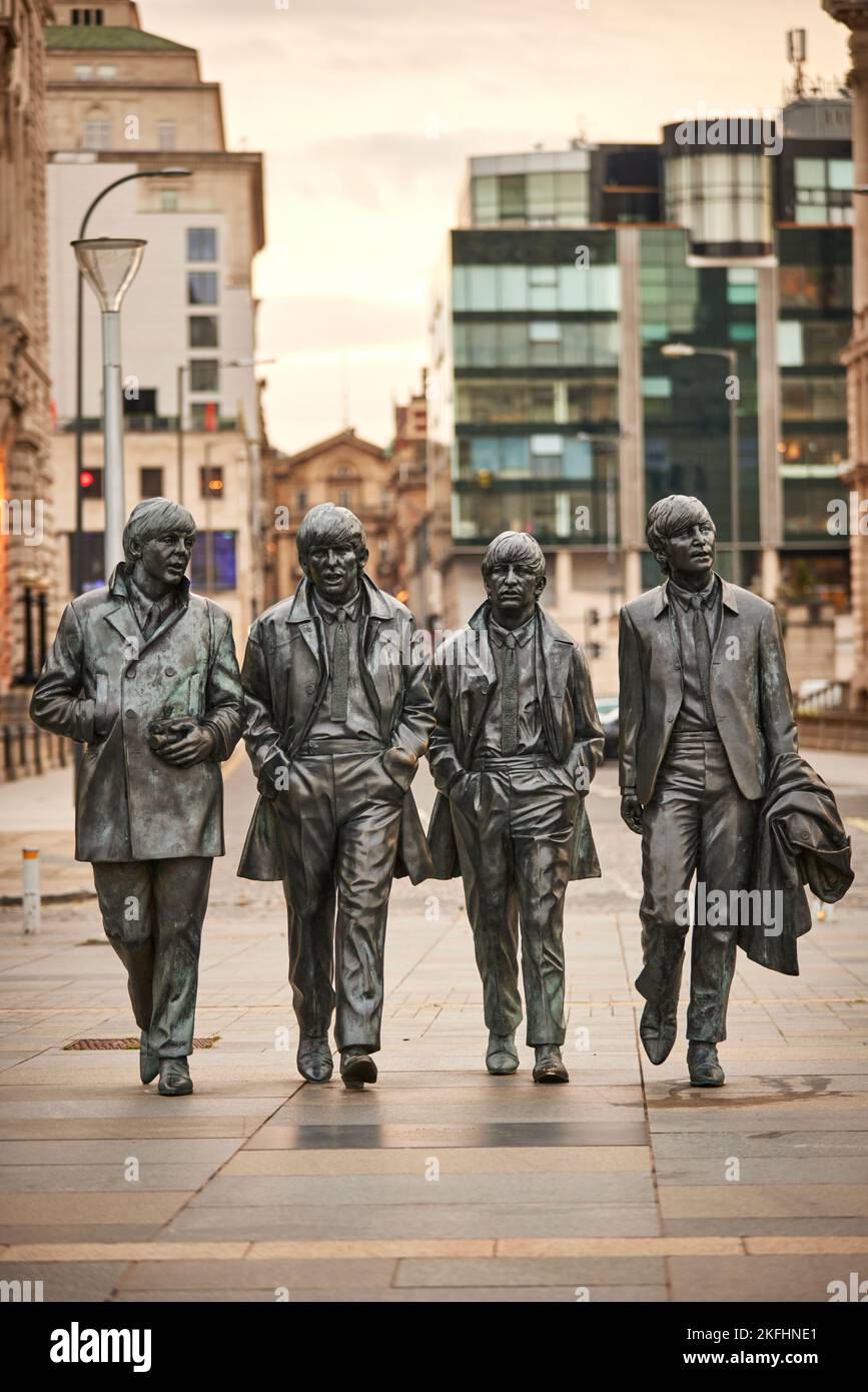 Liverpool albert dock waterfront The Beatles Pier Head  bronze statues of the four Beatles created by sculptor Andy Edwards & unveiled in 2015 Stock Photo
