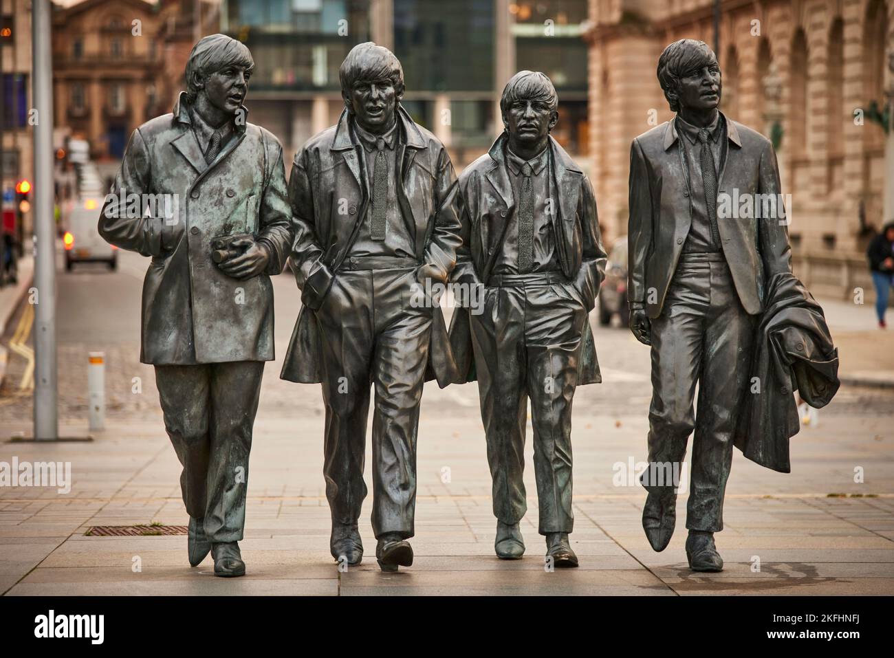 Liverpool albert dock waterfront The Beatles Pier Head  bronze statues of the four Beatles created by sculptor Andy Edwards & unveiled in 2015 Stock Photo