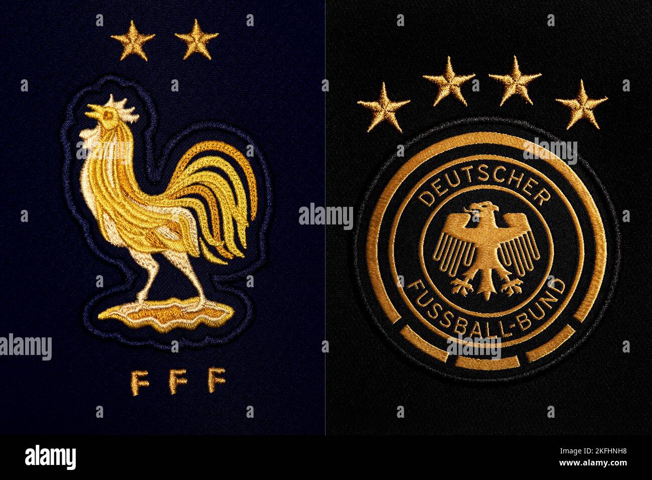 Close up of National Football team crest on home kit. FIFA World Cup Qatar 2022. Stock Photo