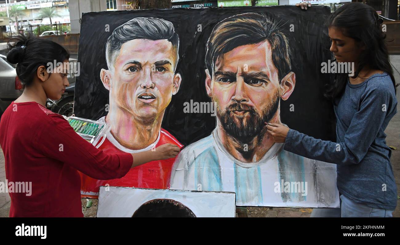 Students from Gurukul school of art paint posters of soccer players Cristiano Ronaldo and Lionel Messi ahead of the FIFA World cup 2022 to be held in Qatar. FIFA World cup will be held from 20th November till18th December 2022 in Qatar. Stock Photo
