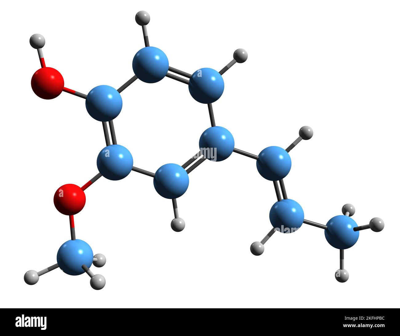 3D image of Isoeugenol skeletal formula - molecular chemical structure of 4-Propenylguaiacol isolated on white background Stock Photo