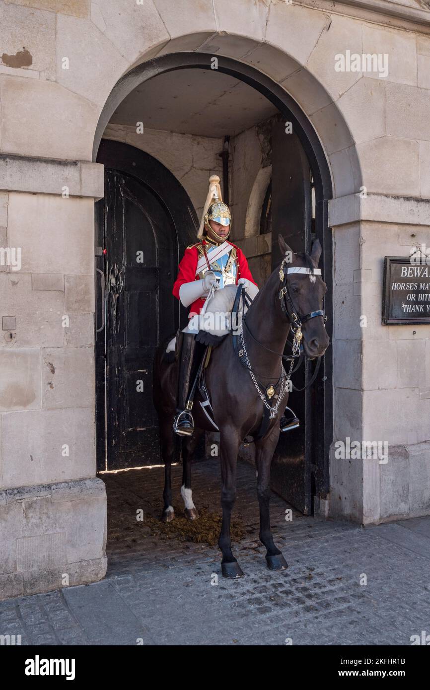 A mounted Life Guard on duty at the Horse Guards barracks on Whitehall, London, UK. Stock Photo