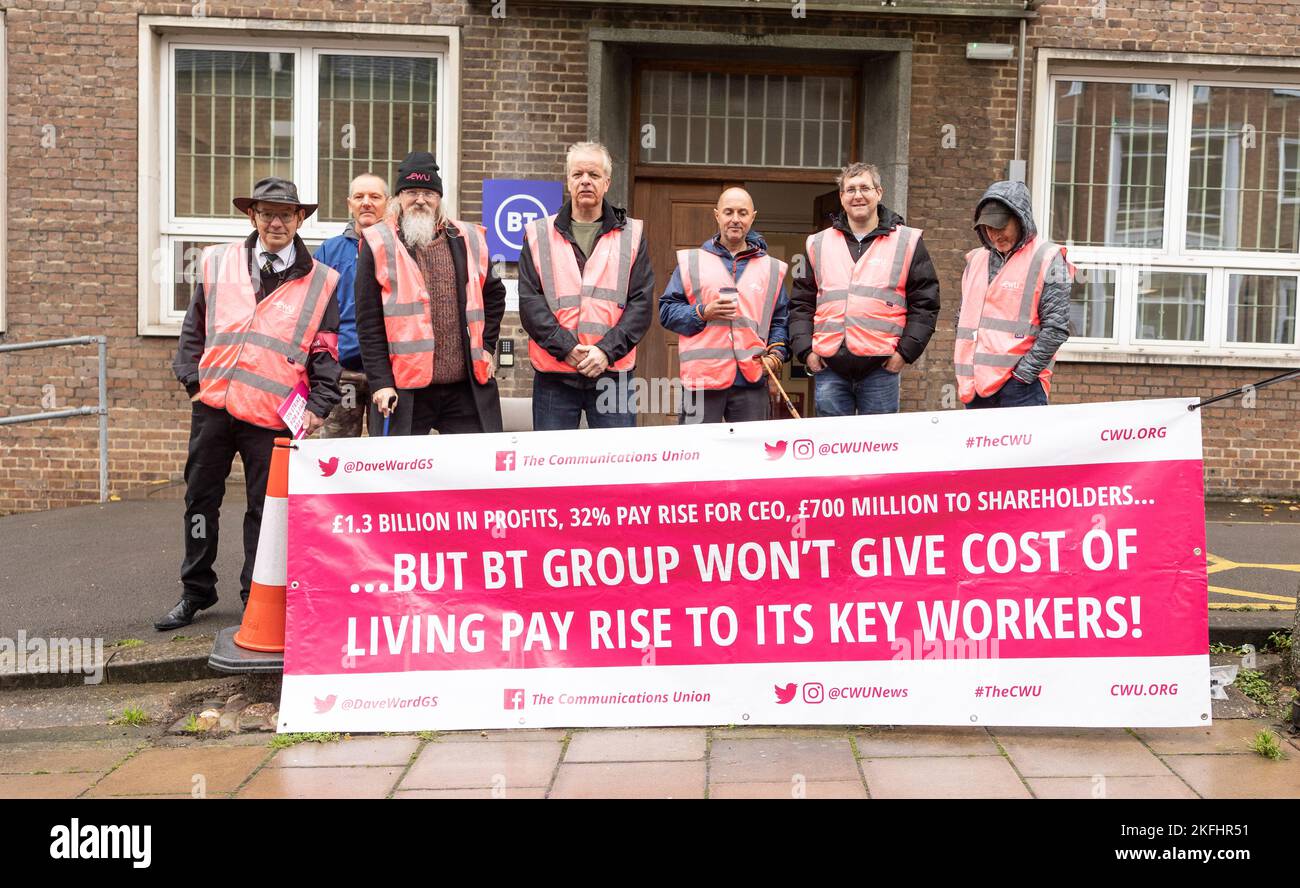 Shrewsbury Shropshire united kingdom 20, October 2022 A group of BT and Openreach employees Strike over pay, official picket line Stock Photo