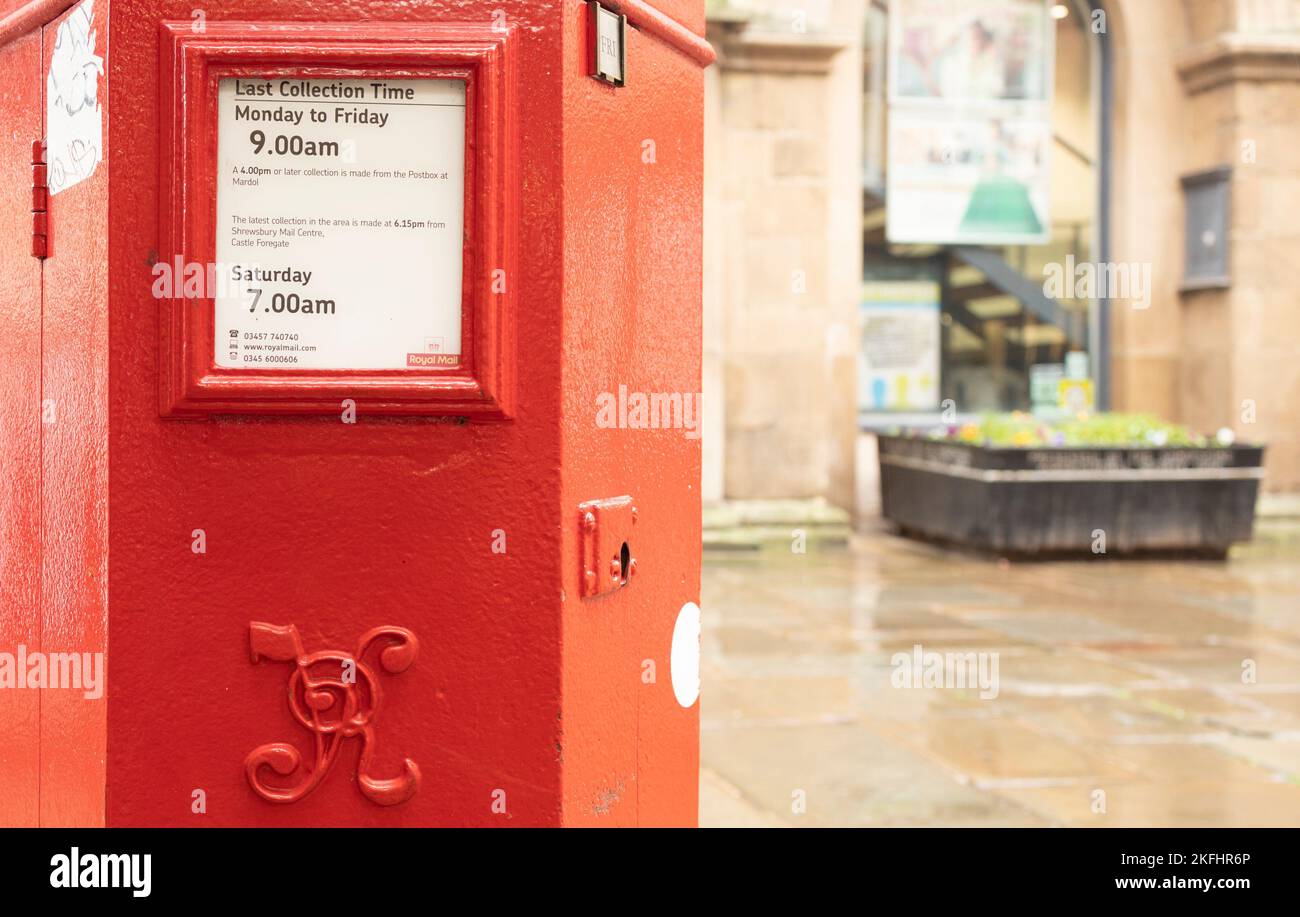 Shrewsbury Shropshire united kingdom 20, October 2022 red royal mail vintage Victorian post box, still in use in modern times Stock Photo