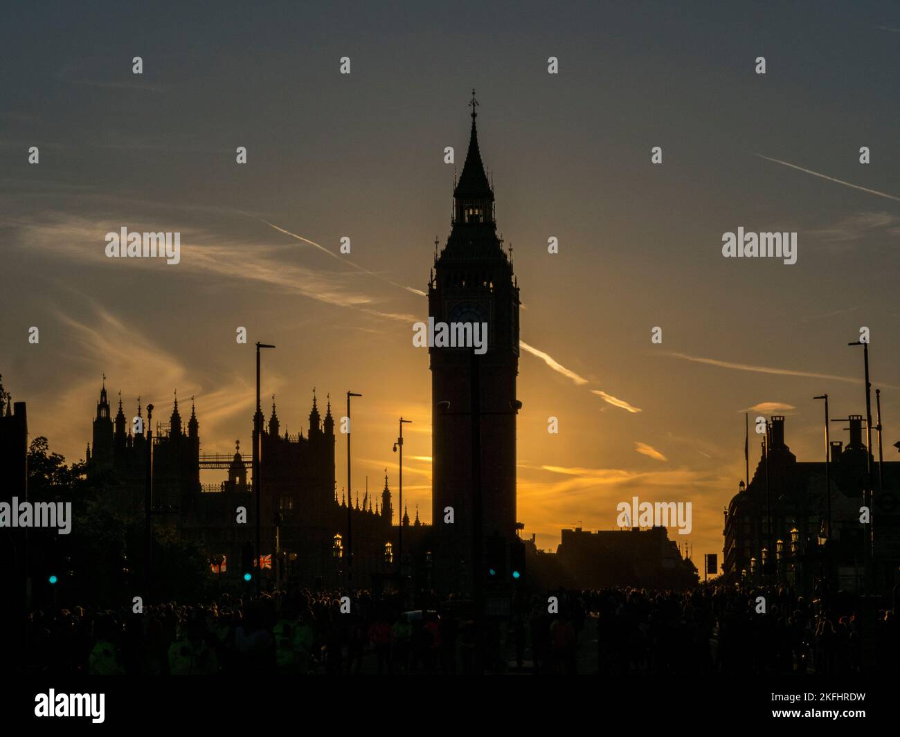 Elizabeth Tower or Big Ben in silouette as the sun sets over London, England. Stock Photo