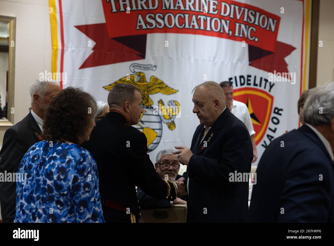 U.S. Marine Corps Maj. General Jay Bargeron, 3d Marine Division Commanding General, speaks with veterans of “The Fighting Third” at the 3d Marine Division Association banquet honoring the Division’s 80th Anniversary in San Diego, California, Sept. 17, 2022. The 3d Marine Division was activated at Camp Elliot, San Diego, Sept. 16, 1942 and has taken part in combat operations from World War II and Vietnam through Iraq and Afghanistan. The current Marines of 3d Marine Division continue to build on this legacy today as a critical part of the stand-in force within the first island chain of the Indo Stock Photo