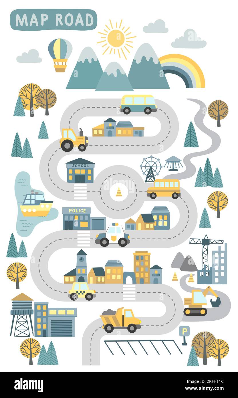 Childrens map road construction. Vector cartoon illustration of children's mat for road play. City adventure map with mountains, wood, lake, building Stock Vector