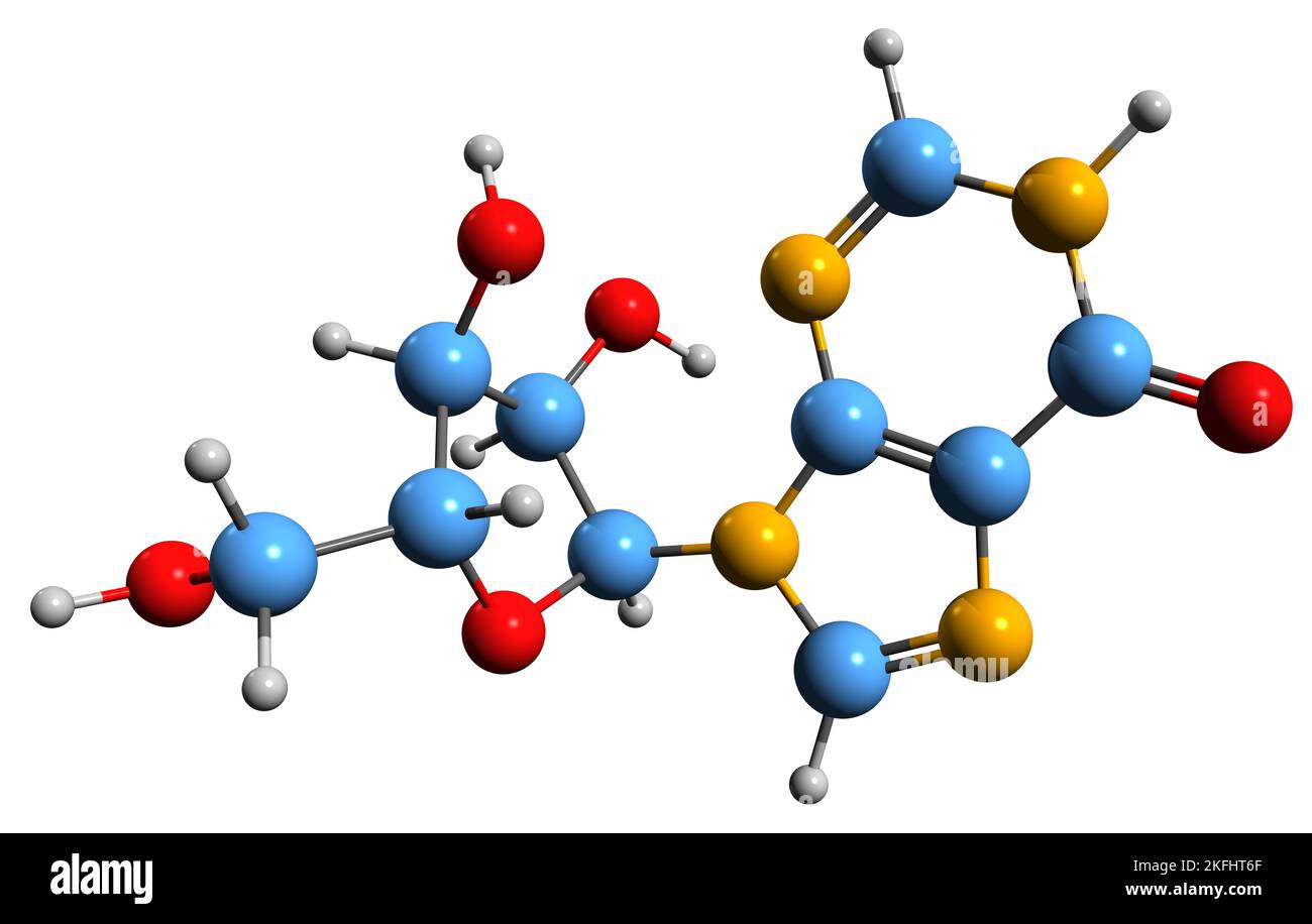 3D image of Inosine skeletal formula - molecular chemical structure of  nucleoside isolated on white background Stock Photo