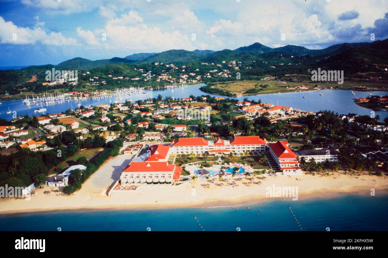 Caribbean Island, St. Lucia, aerial view of the coast of Castries Stock ...