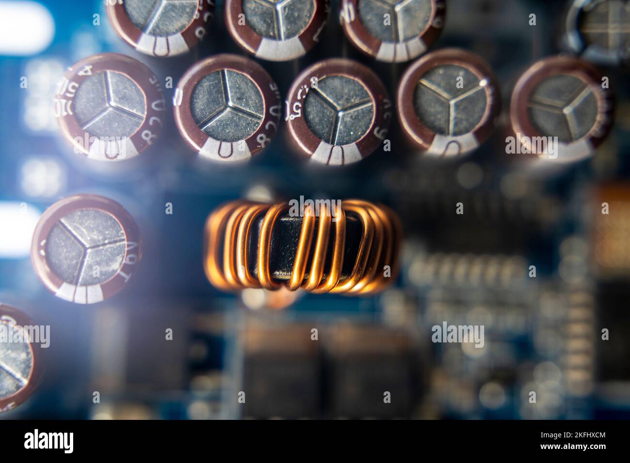 Background of various electronic components on printed circuit board  Stock Photo