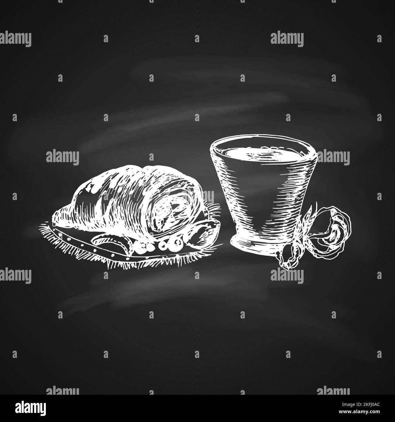 Hand Drawn Chalk Sketch on Blackboard of Coffe Cup and Delicious Croissant. Vintage Sketch. Great for Banner, Label, Poster Stock Vector