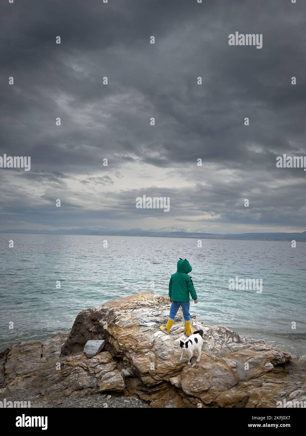 Rear view of boy wearing coat and rubber boots looking at sea while standing with cat on rock against storm clouds Stock Photo