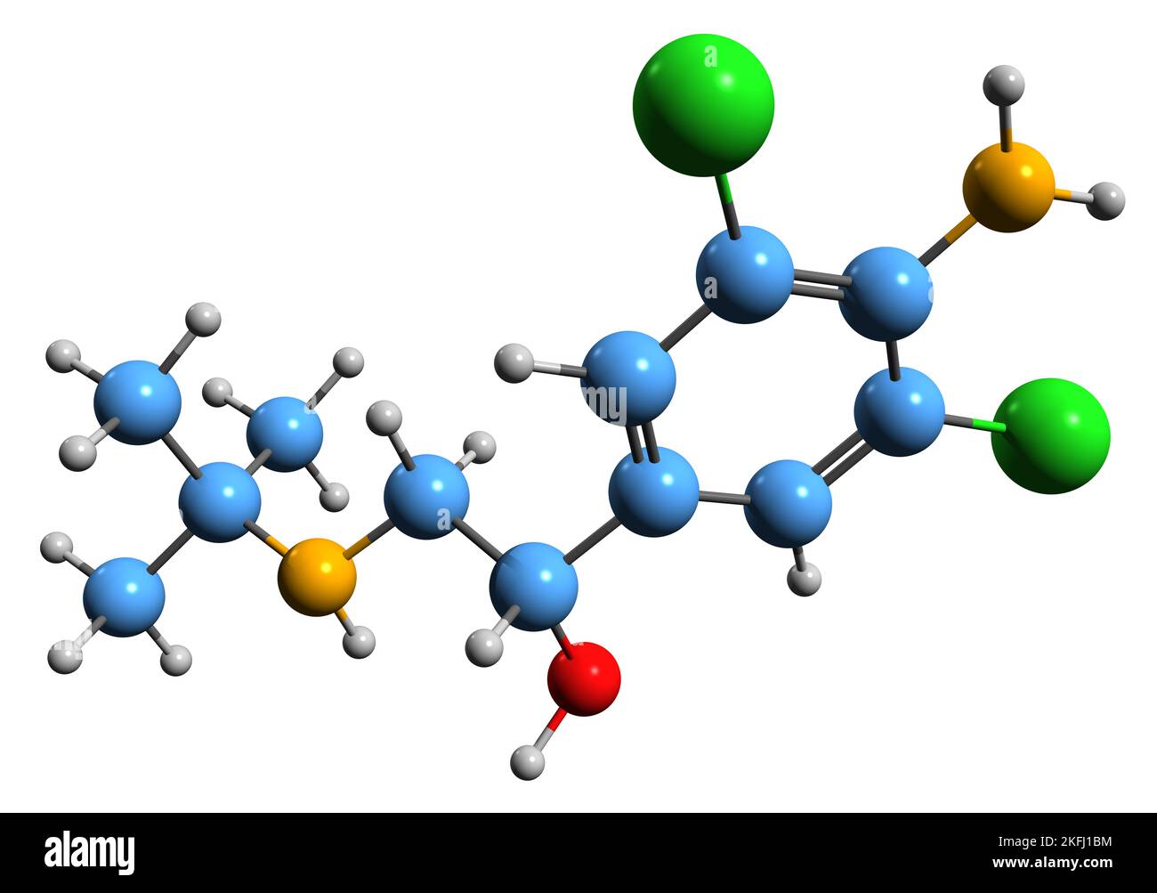 3D image of Clenbuterol skeletal formula - molecular chemical structure of  sympathomimetic amine isolated on white background Stock Photo