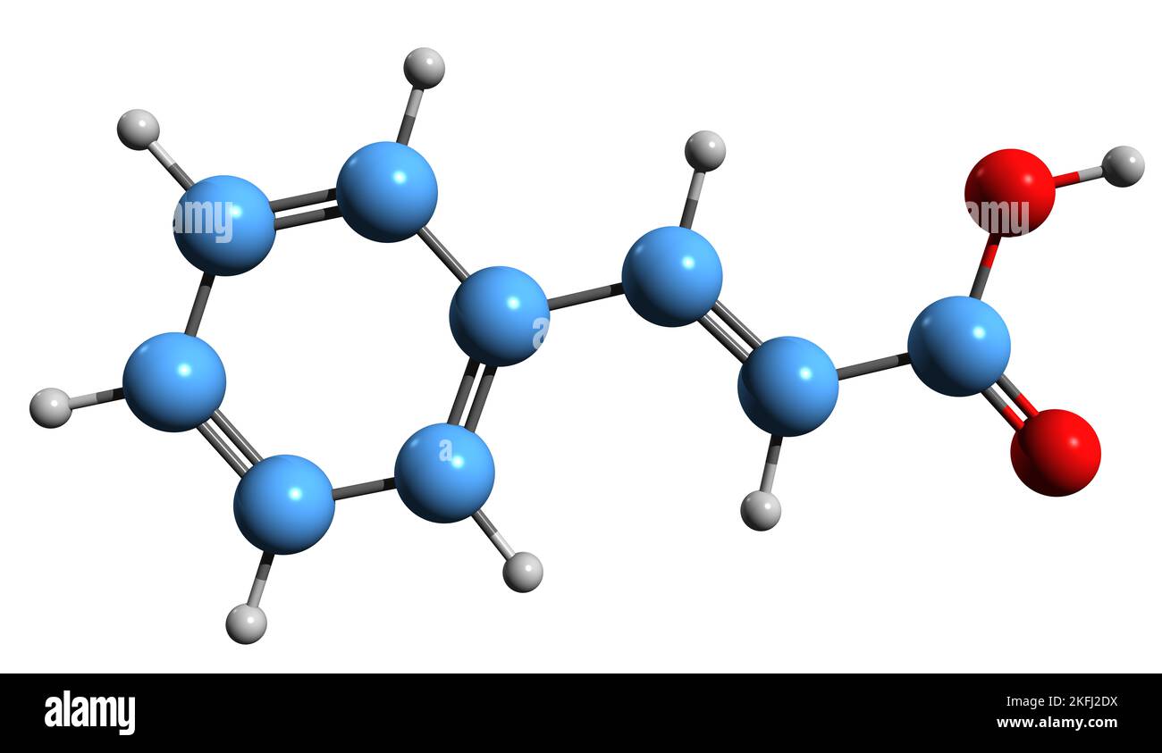3D image of Cinnamic acid skeletal formula - molecular chemical structure of Phenylacrylic acid isolated on white background Stock Photo