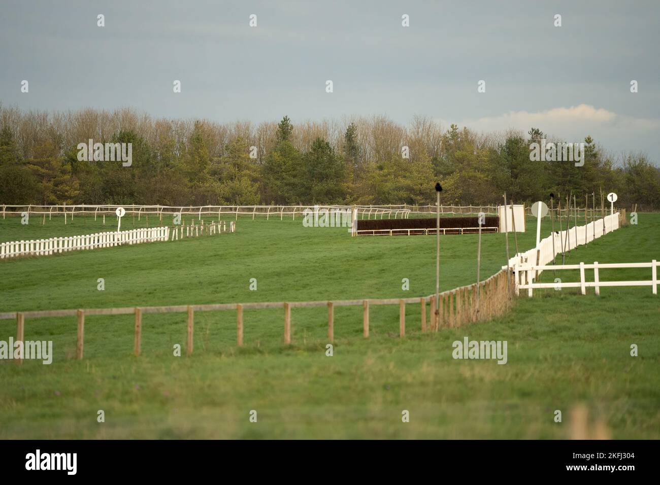 jump and fencing at a horse racing track, Larkhill Wilts UK Stock Photo