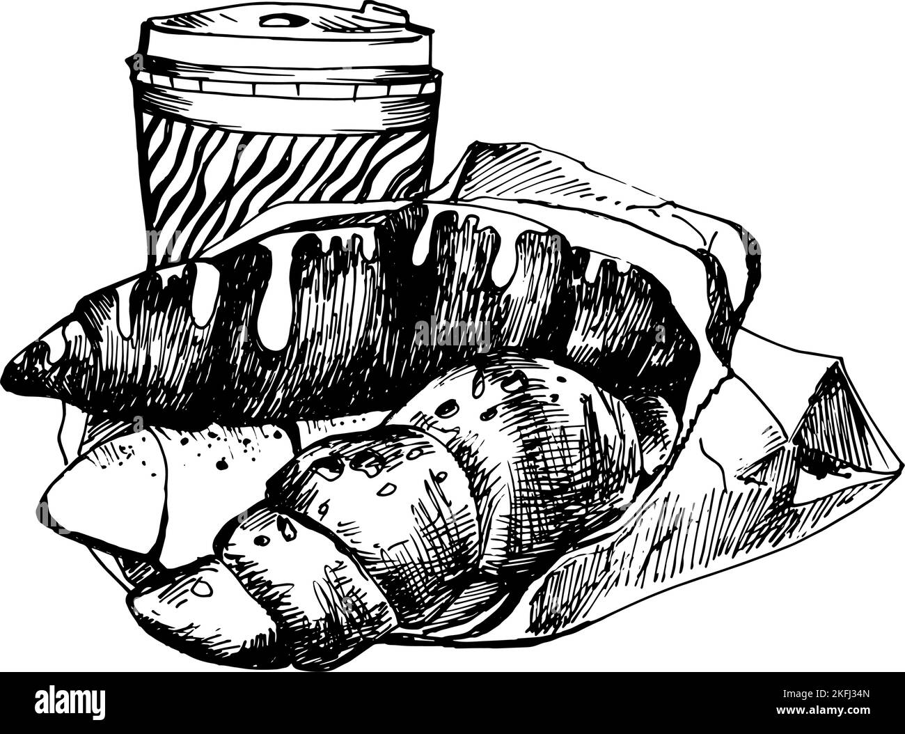 Hand Drawn Sketch of Croissants and Coffee. Vintage Sketch. Great for ...