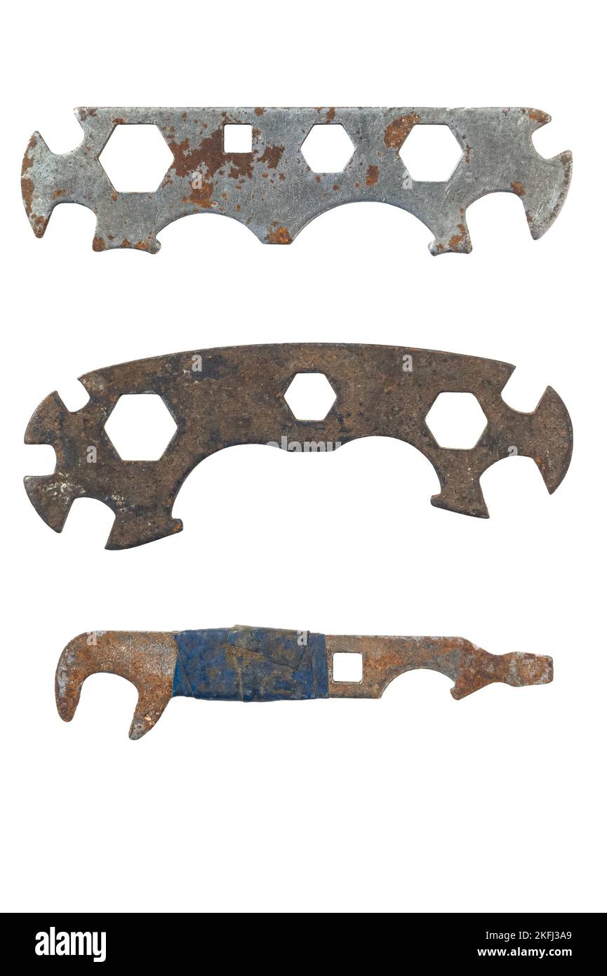 old rusty bicycle universal wrenches. set spanners isolated on white background. Stock Photo