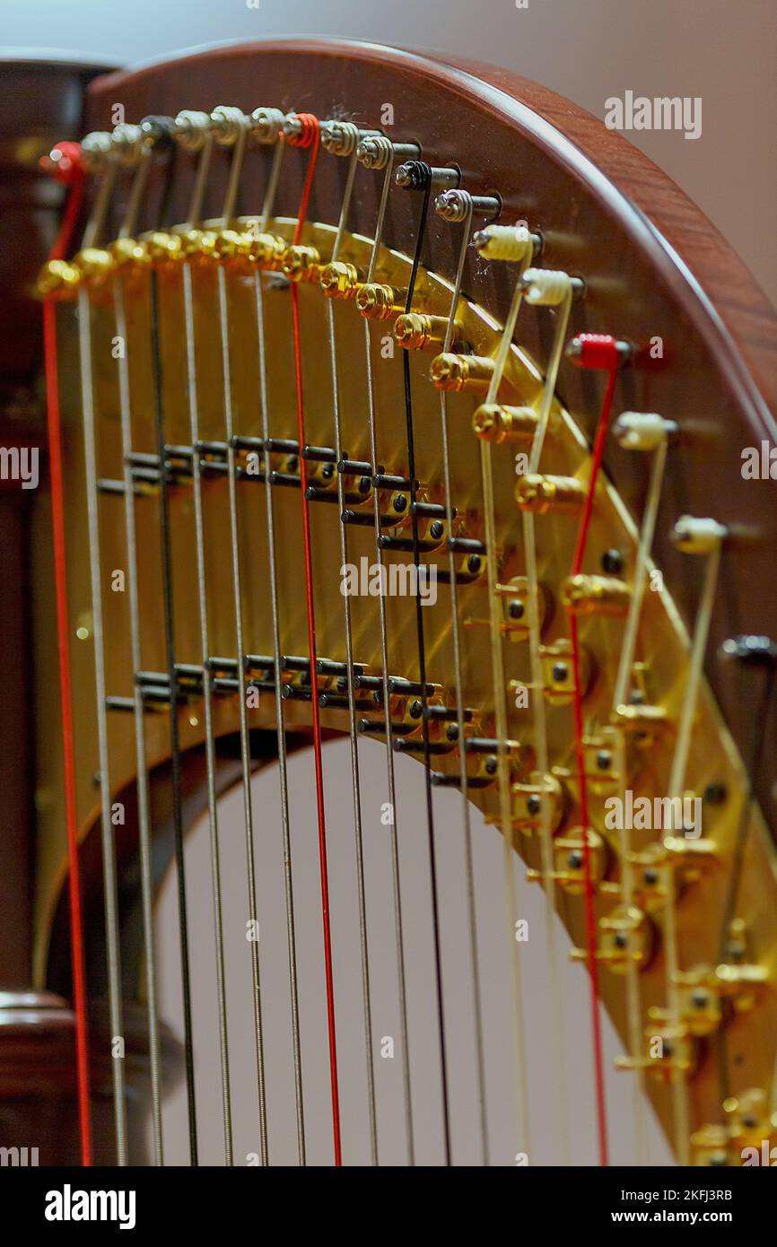 the tuning pins of a concert harp Stock Photo Alamy