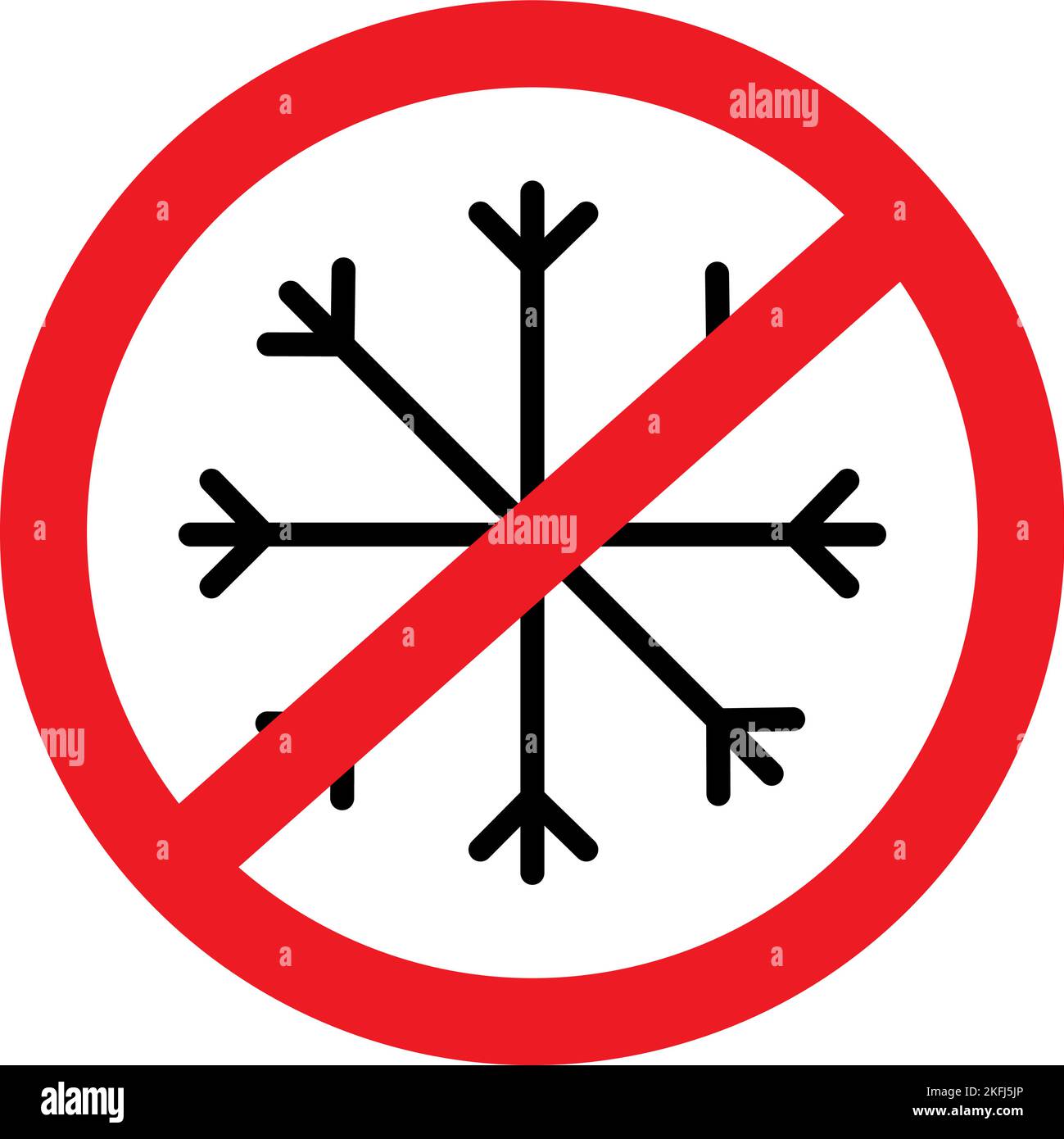 Outline drawing of a snowflake under a prohibition sign in a minimalist style. Line art. Isolate. Suitable for banner, icon, postcard, poster, label, greeting card, background, brochure. Vector. EPS Stock Vector