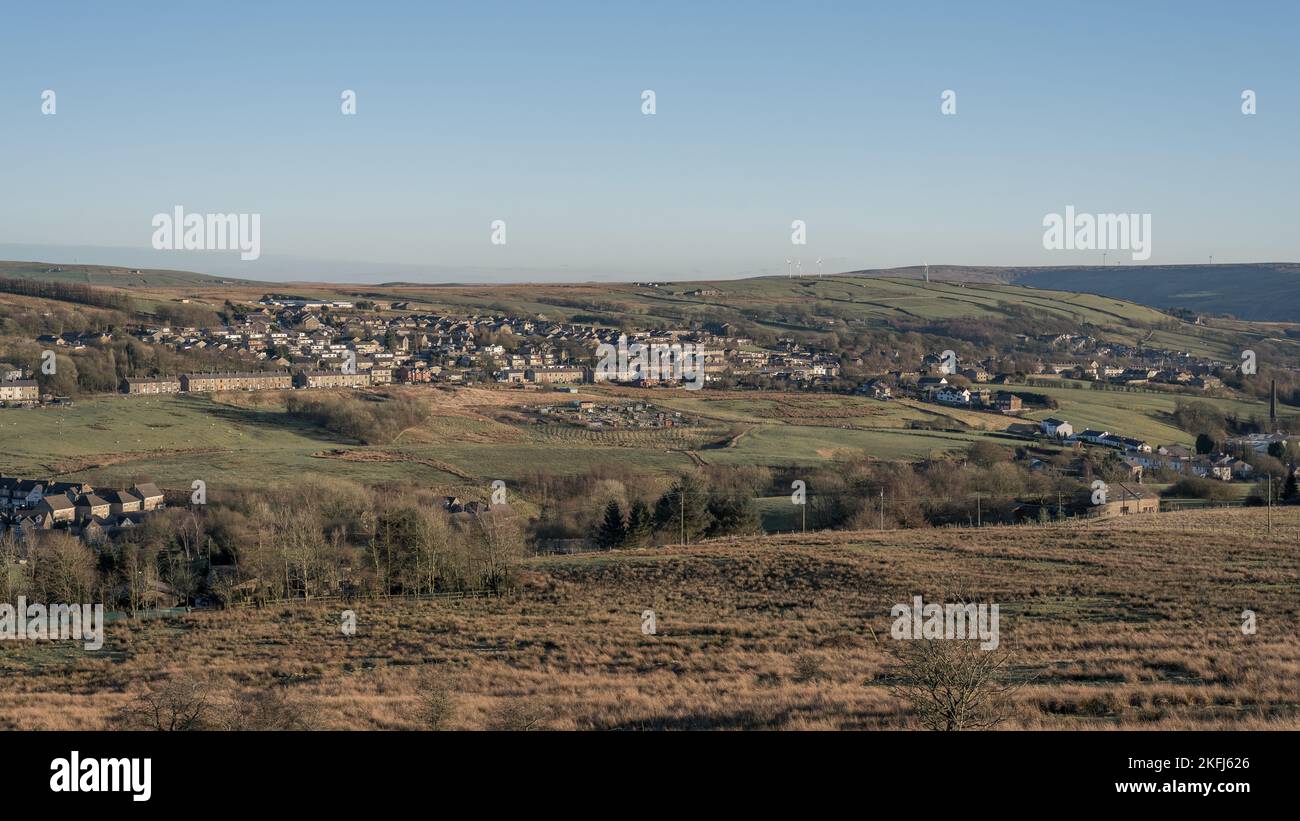 landscape view looking over loveclough rossendale. rolling green grass