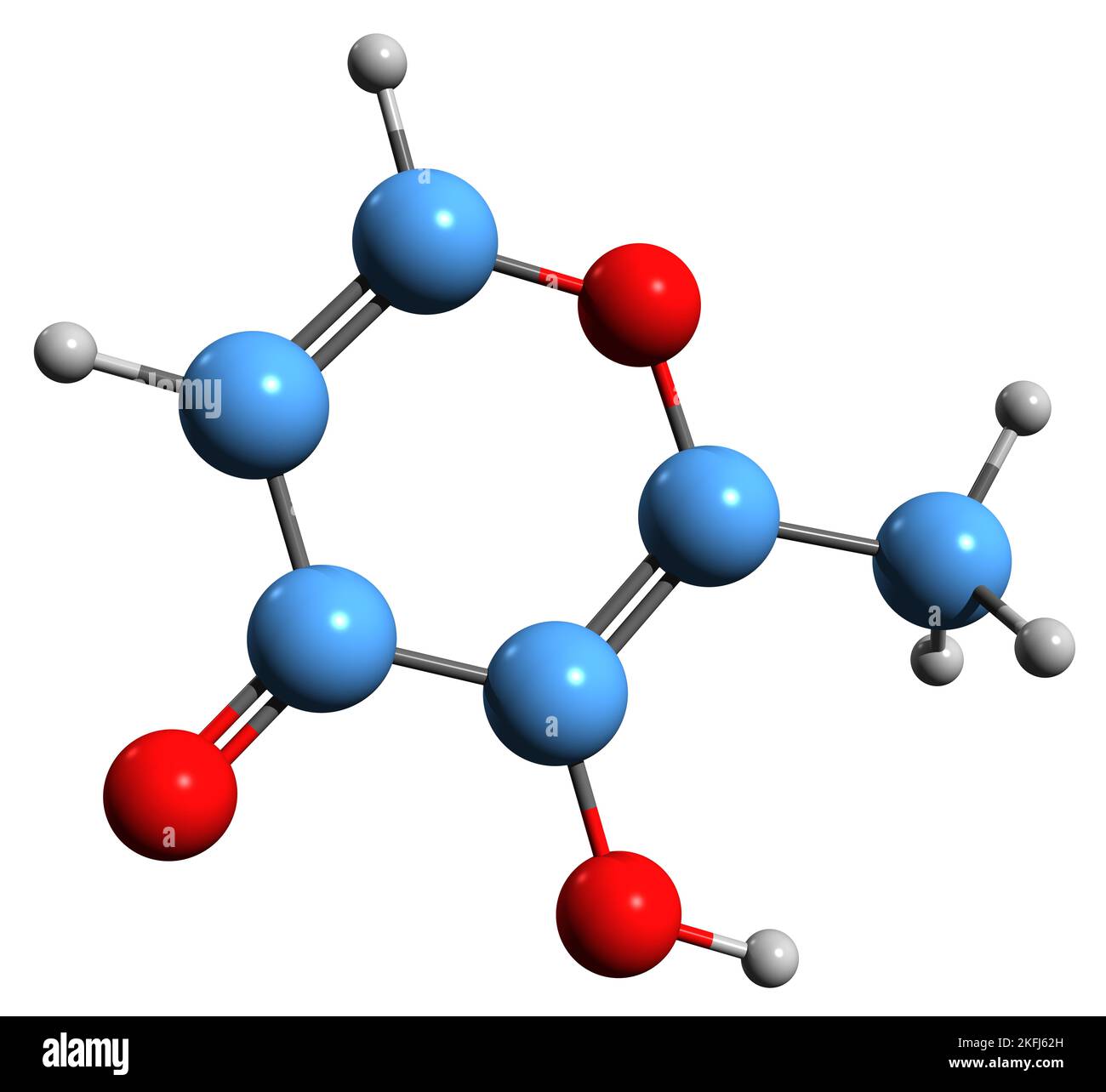 3D image of Maltol skeletal formula - molecular chemical structure of  flavor enhancer Larixinic acid isolated on white background Stock Photo
