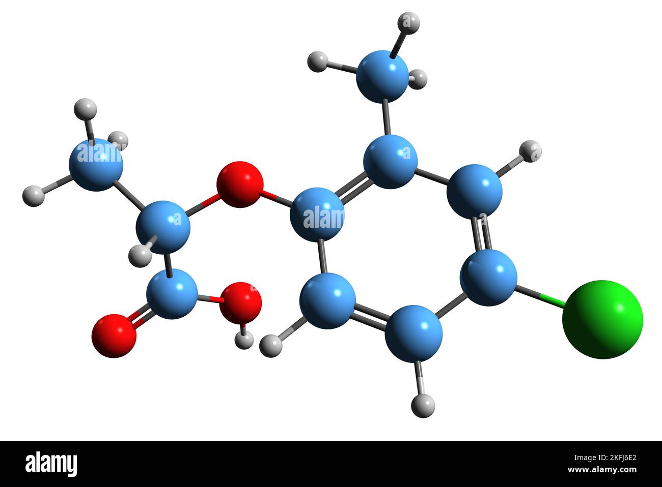 3D image of Mecoprop skeletal formula - molecular chemical structure of methylchlorophenoxypropionic acid isolated on white background Stock Photo