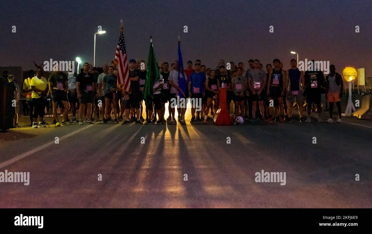 U.S. service members deployed to Prince Sultan Air Base, Kingdom of Saudi Arabia, line up for a half marathon in celebration of the U.S. Air Force’s 75th Anniversary, Sept.18, 2022. The USAF official separated from the U.S. Army with the signing of the National Security Act of 1947 by former U.S. President Harry Truman. Fly, Fight and Win - Airpower Anytime, Anywhere! Stock Photo