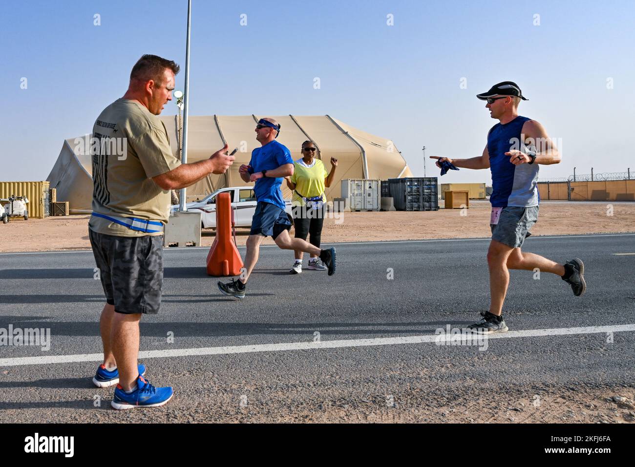 U.S. service members deployed to Prince Sultan Air Base, Kingdom of Saudi Arabia, finish a 5K, 10K or half marathon in celebration of the U.S. Air Force’s 75th Anniversary, Sept.18, 2022. The USAF official separated from the U.S. Army with the signing of the National Security Act of 1947 by former U.S. President Harry Truman. Fly, Fight and Win - Airpower Anytime, Anywhere! Stock Photo