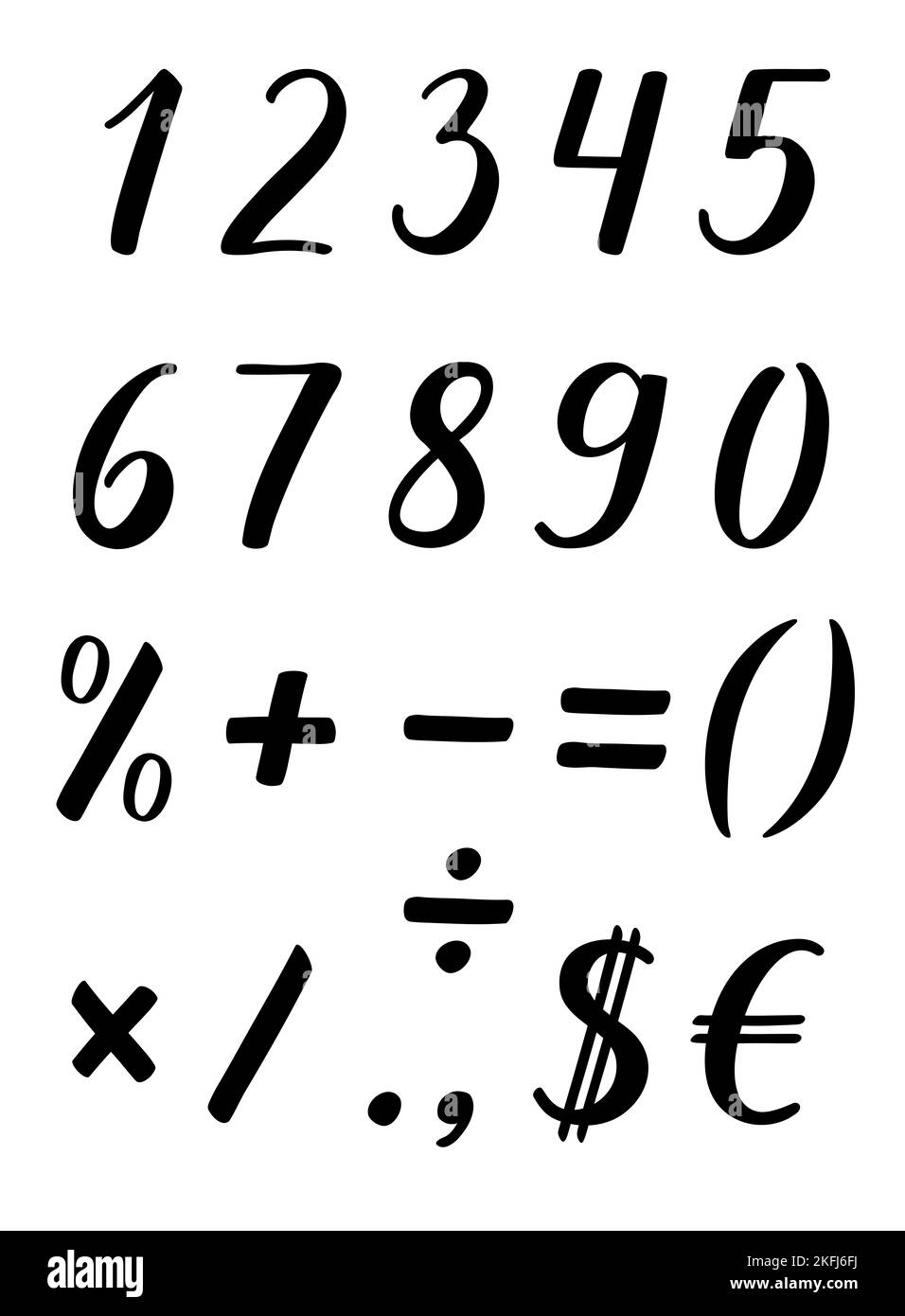 Numbers and percent, plus, minus, equals, brackets, multiplication and division signs, dot, comma, $ and €. Handwritten lettering modern  calligraphy. Stock Photo