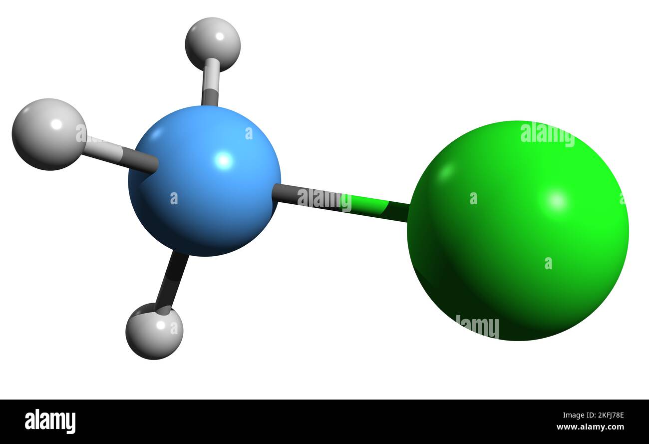 3D image of Chloromethane skeletal formula - molecular chemical structure of haloalkane Monochloromethane isolated on white background Stock Photo