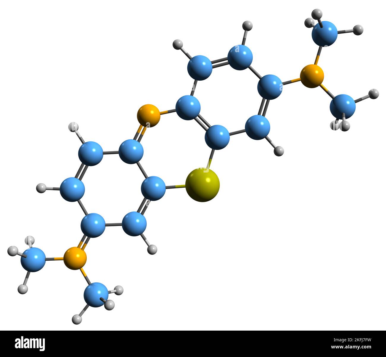 3D image of Methylene blue skeletal formula - molecular chemical structure of Methylthioninium chloride isolated on white background Stock Photo