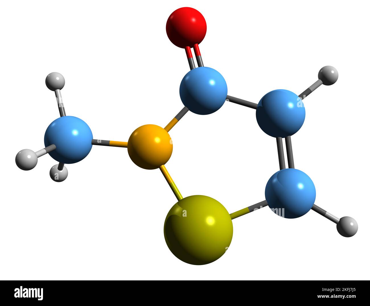 3D image of Methylisothiazolinone skeletal formula - molecular chemical structure of biocide 2-Methyl-4-isothiazolin-3-one isolated on white backgrou Stock Photo