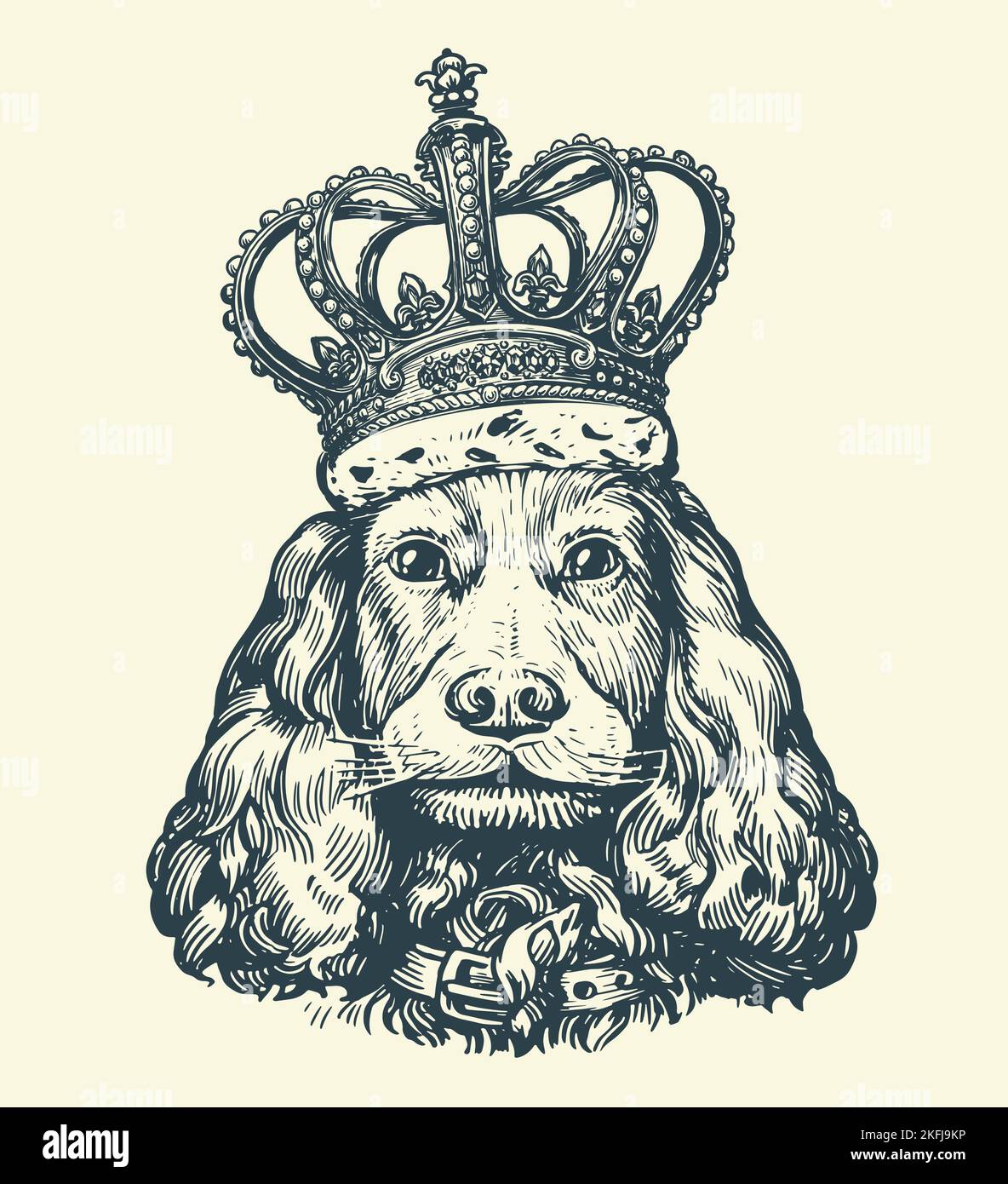 Portrait beautiful DOG with royal crown. Pet animal, cute puppy in vintage engraving style. Sketch vector illustration Stock Vector
