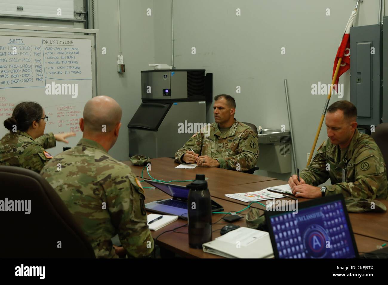 Col. Jennifer Reed, U.S. Army Central chief of operations, briefs Brig. Gen. Matthew Eichburg, USARCENT chief of staff, during Exercise Lucky Strike 2022 at Fort Gordon, Georgia, Sept. 19, 2022. During Exercise Lucky Strike, USARCENT deployed its contingency command post, demonstrating an ability to rapidly deploy within its area of responsibility. Stock Photo