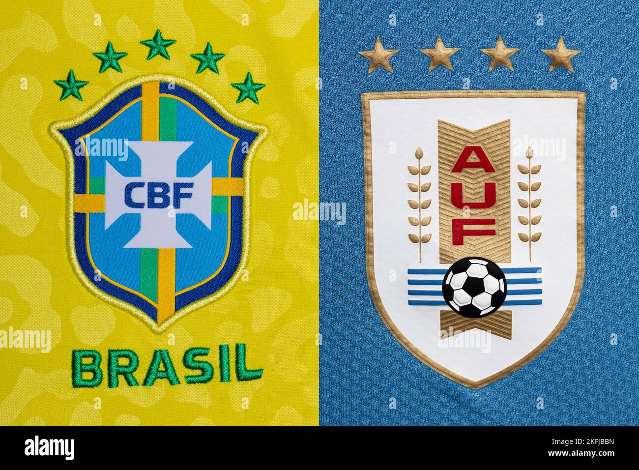 Close up of National Football team crest on home kit. FIFA World Cup Qatar 2022. Stock Photo