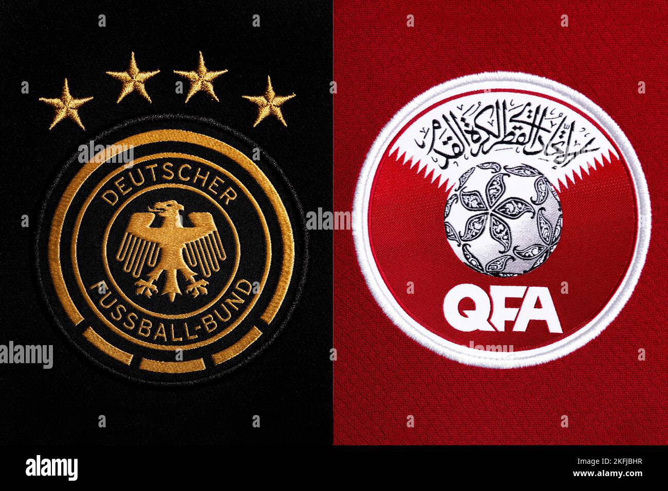 Close up of National Football team crest on home kit. FIFA World Cup Qatar 2022. Stock Photo