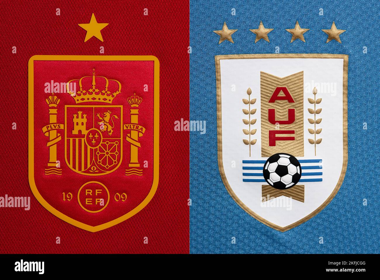 Close up of National Football team crest on home kit. FIFA World Cup Qatar 2022. Stock Photo