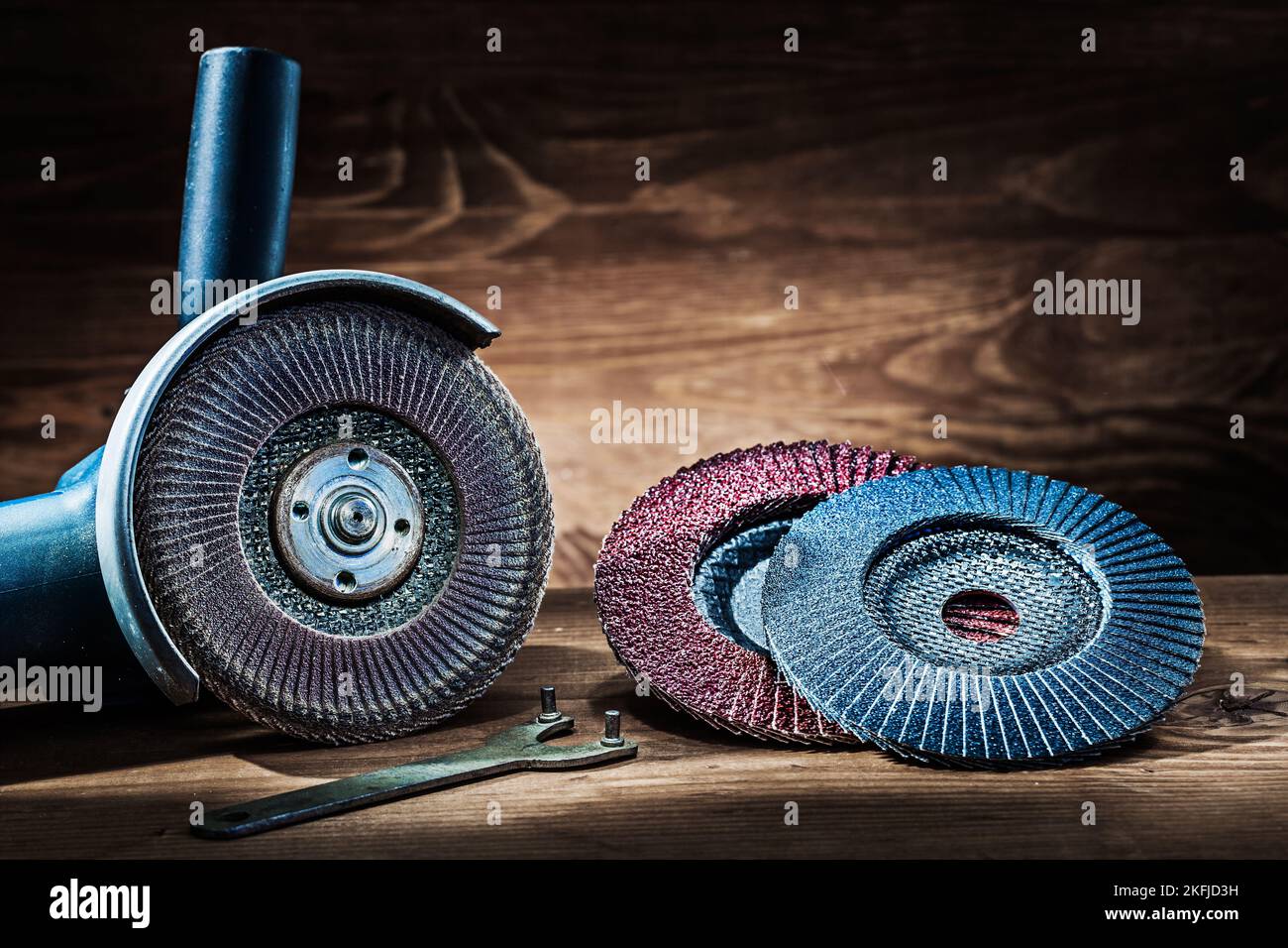 abrasive tools angle greender with used and new flaw discs Stock Photo
