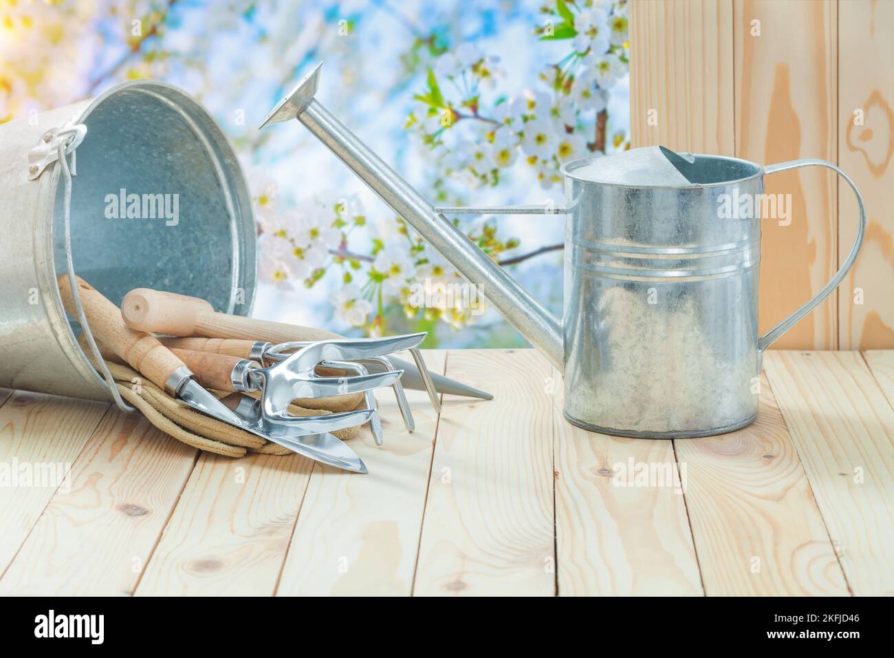 agricultural tools bucket with handtools and watering can on table in spring garden Stock Photo