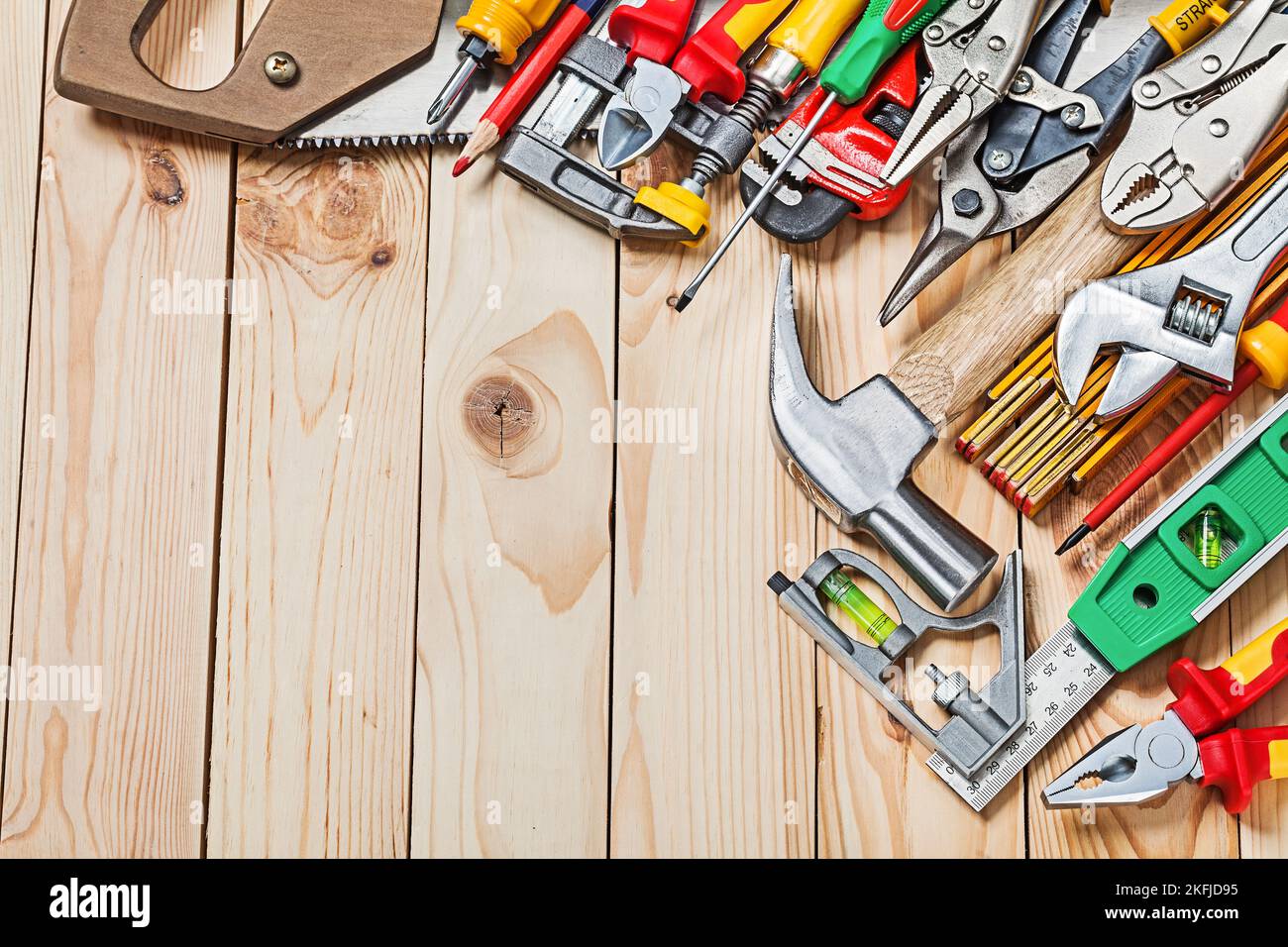 big sset of construction tools on wood boards Stock Photo