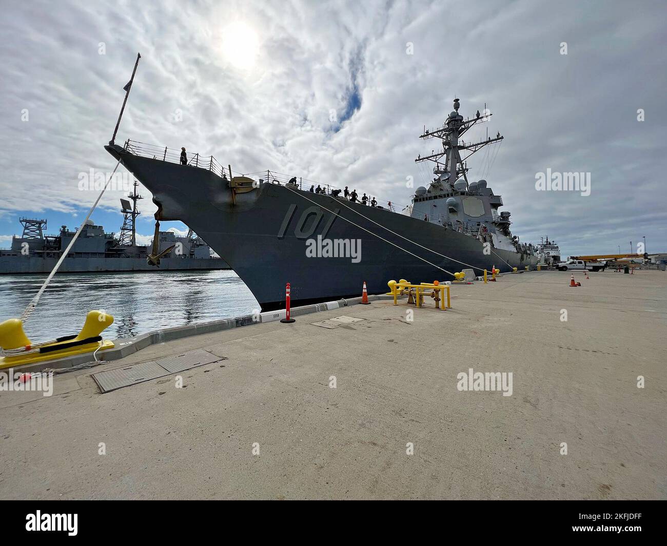 220928-N-AS200-1002 – PORT HUENEME, Calif. (Sept. 28, 2022) – The Arleigh Burke-class guided-missile destroyer USS Gridley (DDG 101) conducts routine port call onboard Naval Base Ventura County (NBVC), Port Hueneme. NBVC is a strategically located Naval installation composed of three operating facilities: Point Mugu, Port Hueneme and San Nicolas Island. NBVC is the home of the Pacific Seabees, West Coast E-2C Hawkeyes, 3 warfare centers and 80 tenants. Stock Photo