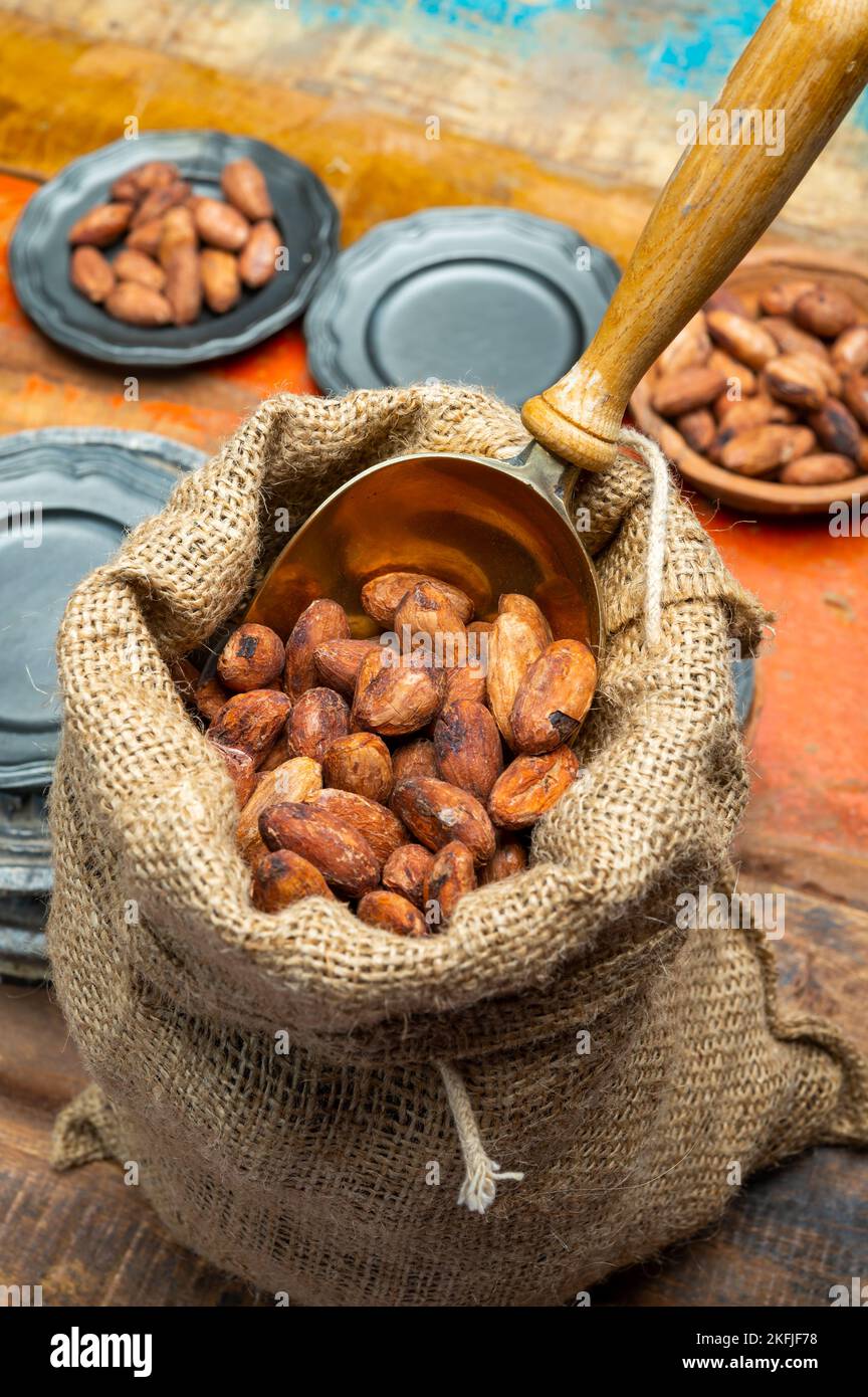 Cocoa or cacao beans, used in hot chocolate drink, chocolate, butter